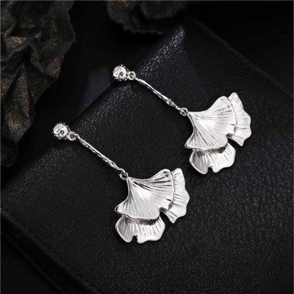 Silver Ginkgo Leaf Earrings | Elegant Statement Dangle Jewelry - Picture 1 of 5
